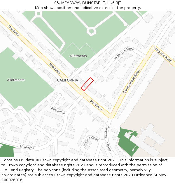 95, MEADWAY, DUNSTABLE, LU6 3JT: Location map and indicative extent of plot