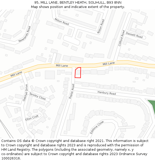 95, MILL LANE, BENTLEY HEATH, SOLIHULL, B93 8NN: Location map and indicative extent of plot