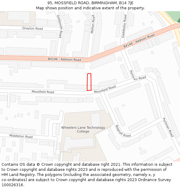 95, MOSSFIELD ROAD, BIRMINGHAM, B14 7JE: Location map and indicative extent of plot