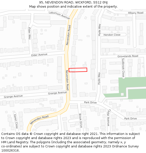 95, NEVENDON ROAD, WICKFORD, SS12 0NJ: Location map and indicative extent of plot