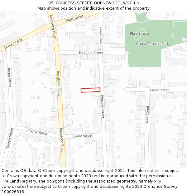 95, PRINCESS STREET, BURNTWOOD, WS7 1JN: Location map and indicative extent of plot