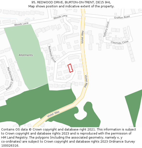 95, REDWOOD DRIVE, BURTON-ON-TRENT, DE15 9HL: Location map and indicative extent of plot