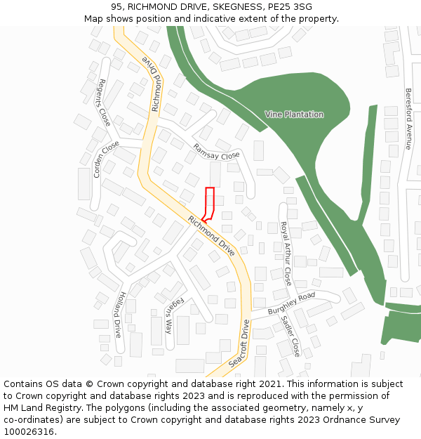 95, RICHMOND DRIVE, SKEGNESS, PE25 3SG: Location map and indicative extent of plot