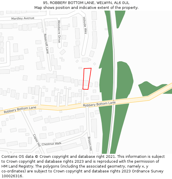 95, ROBBERY BOTTOM LANE, WELWYN, AL6 0UL: Location map and indicative extent of plot