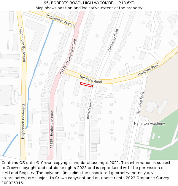 95, ROBERTS ROAD, HIGH WYCOMBE, HP13 6XD: Location map and indicative extent of plot