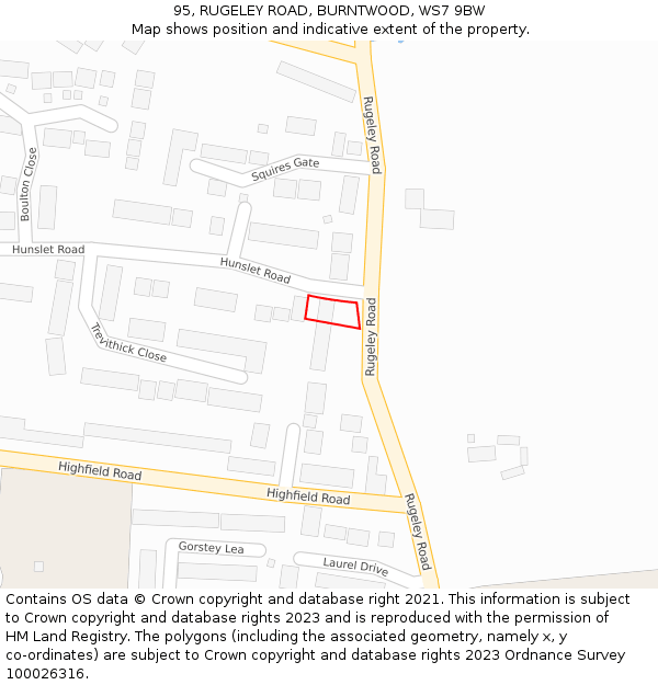 95, RUGELEY ROAD, BURNTWOOD, WS7 9BW: Location map and indicative extent of plot
