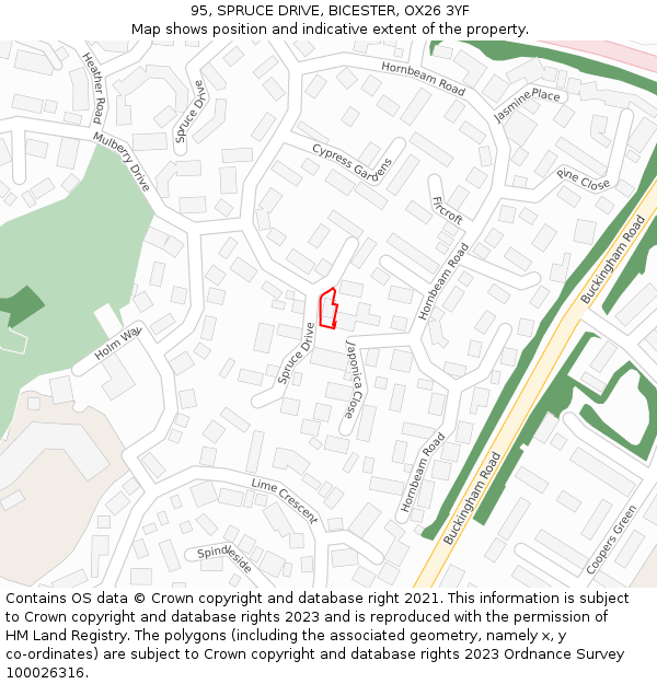 95, SPRUCE DRIVE, BICESTER, OX26 3YF: Location map and indicative extent of plot