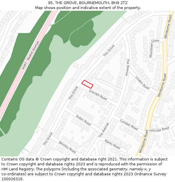 95, THE GROVE, BOURNEMOUTH, BH9 2TZ: Location map and indicative extent of plot