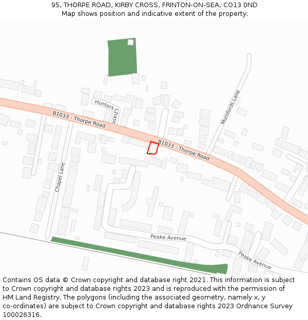 95, THORPE ROAD, KIRBY CROSS, FRINTON-ON-SEA, CO13 0ND: Location map and indicative extent of plot