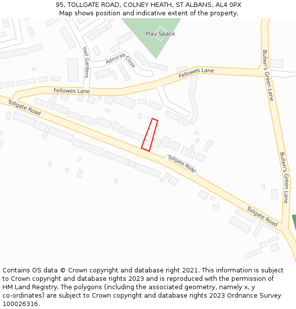 95, TOLLGATE ROAD, COLNEY HEATH, ST ALBANS, AL4 0PX: Location map and indicative extent of plot