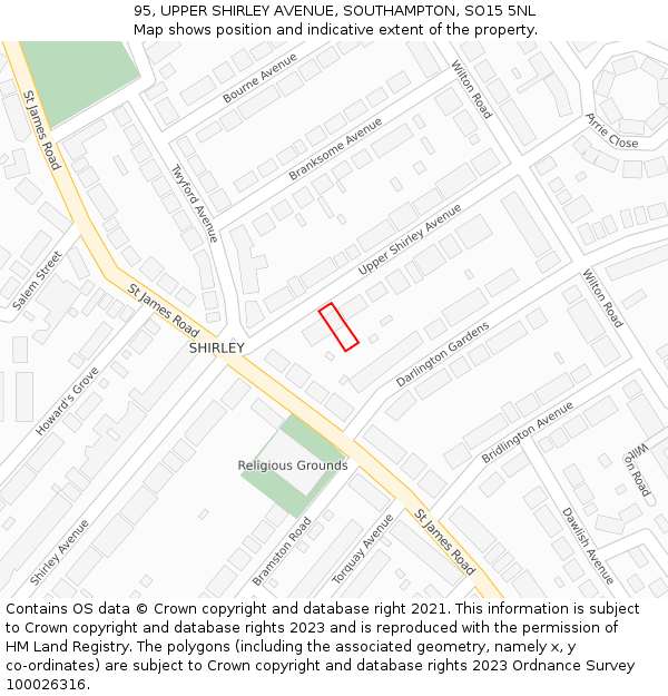 95, UPPER SHIRLEY AVENUE, SOUTHAMPTON, SO15 5NL: Location map and indicative extent of plot