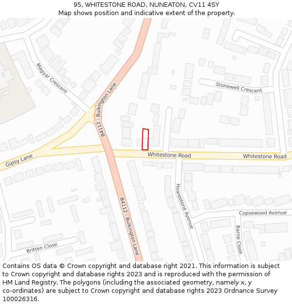 95, WHITESTONE ROAD, NUNEATON, CV11 4SY: Location map and indicative extent of plot