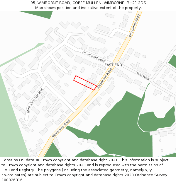 95, WIMBORNE ROAD, CORFE MULLEN, WIMBORNE, BH21 3DS: Location map and indicative extent of plot