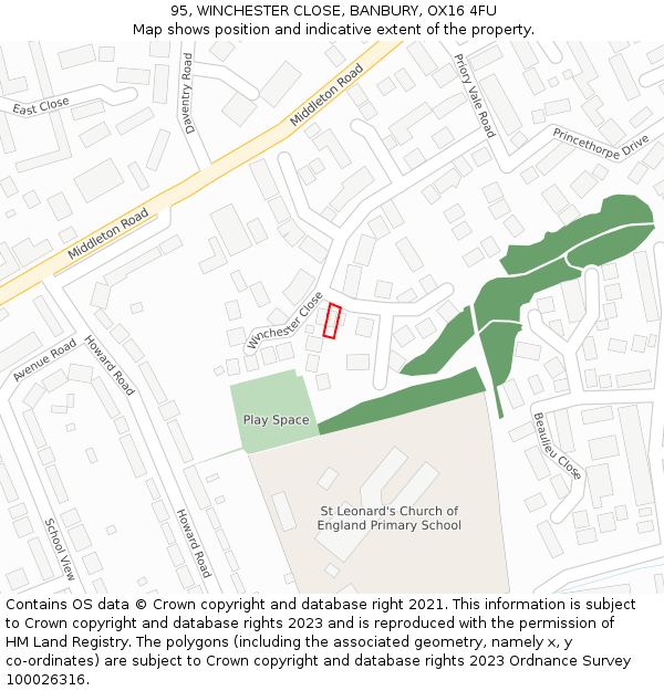 95, WINCHESTER CLOSE, BANBURY, OX16 4FU: Location map and indicative extent of plot