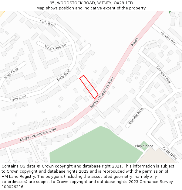 95, WOODSTOCK ROAD, WITNEY, OX28 1ED: Location map and indicative extent of plot