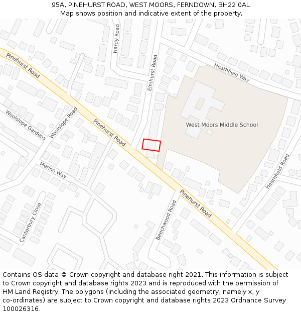 95A, PINEHURST ROAD, WEST MOORS, FERNDOWN, BH22 0AL: Location map and indicative extent of plot