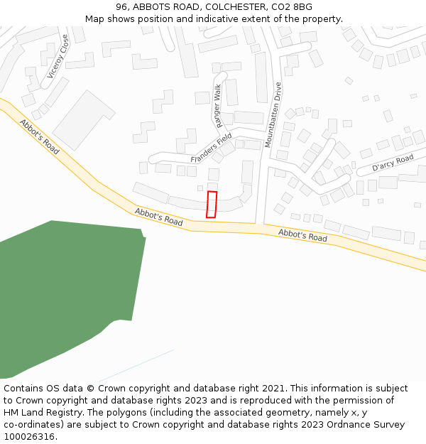 96, ABBOTS ROAD, COLCHESTER, CO2 8BG: Location map and indicative extent of plot