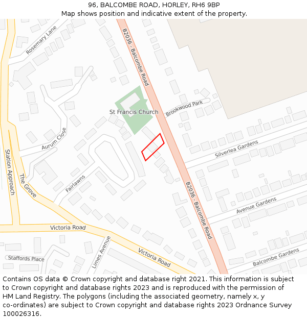 96, BALCOMBE ROAD, HORLEY, RH6 9BP: Location map and indicative extent of plot