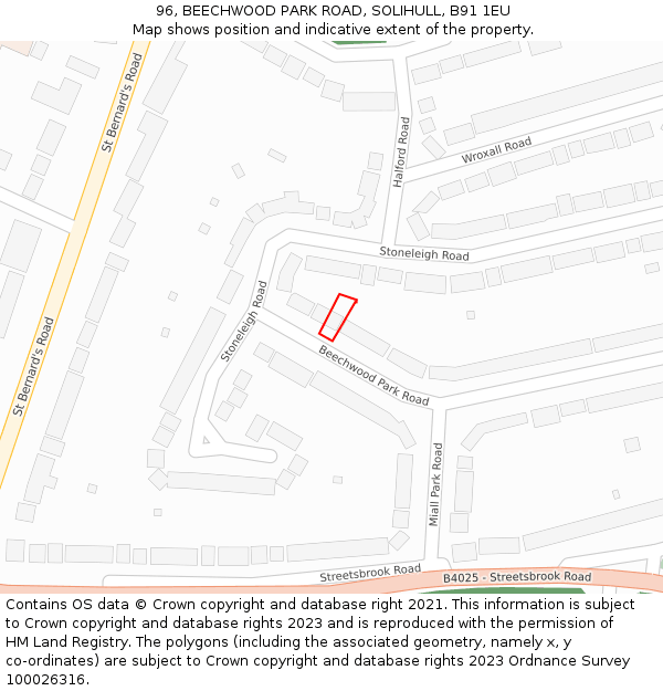 96, BEECHWOOD PARK ROAD, SOLIHULL, B91 1EU: Location map and indicative extent of plot