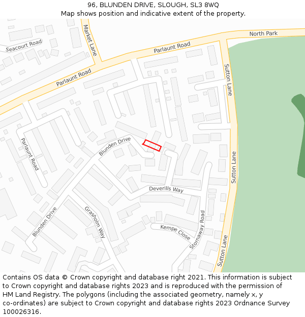 96, BLUNDEN DRIVE, SLOUGH, SL3 8WQ: Location map and indicative extent of plot