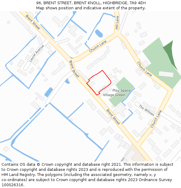 96, BRENT STREET, BRENT KNOLL, HIGHBRIDGE, TA9 4EH: Location map and indicative extent of plot