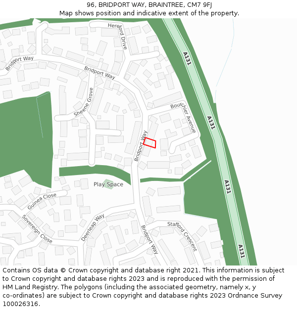 96, BRIDPORT WAY, BRAINTREE, CM7 9FJ: Location map and indicative extent of plot