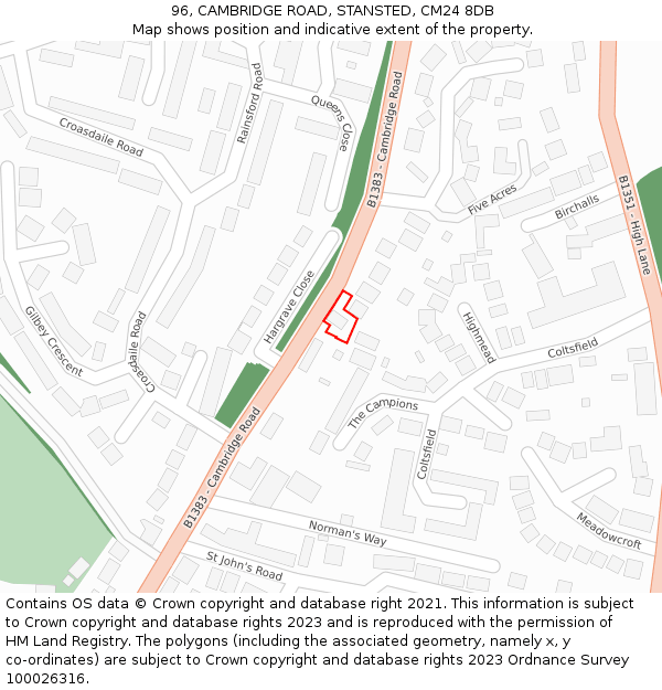 96, CAMBRIDGE ROAD, STANSTED, CM24 8DB: Location map and indicative extent of plot