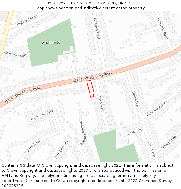 96, CHASE CROSS ROAD, ROMFORD, RM5 3PP: Location map and indicative extent of plot