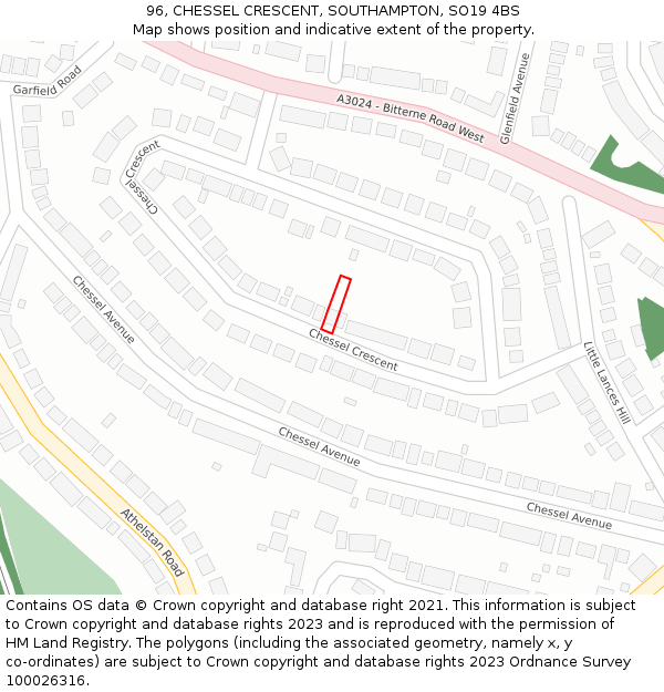 96, CHESSEL CRESCENT, SOUTHAMPTON, SO19 4BS: Location map and indicative extent of plot