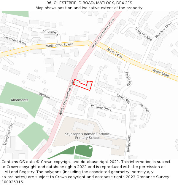 96, CHESTERFIELD ROAD, MATLOCK, DE4 3FS: Location map and indicative extent of plot
