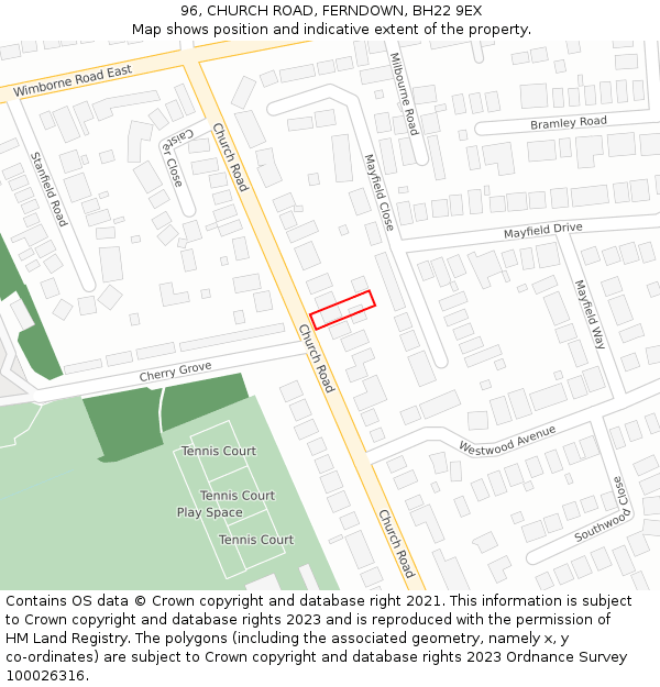 96, CHURCH ROAD, FERNDOWN, BH22 9EX: Location map and indicative extent of plot