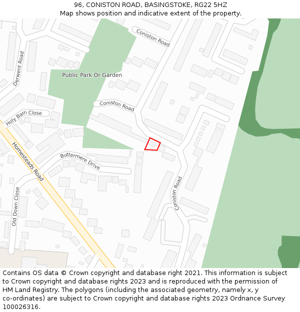 96, CONISTON ROAD, BASINGSTOKE, RG22 5HZ: Location map and indicative extent of plot