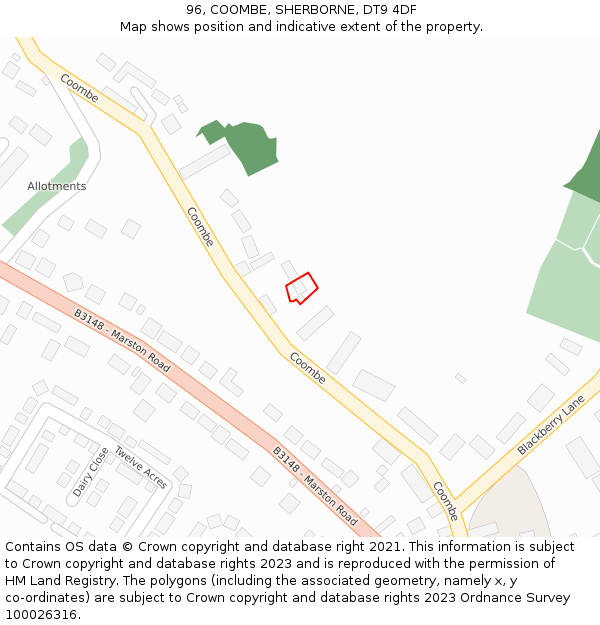 96, COOMBE, SHERBORNE, DT9 4DF: Location map and indicative extent of plot