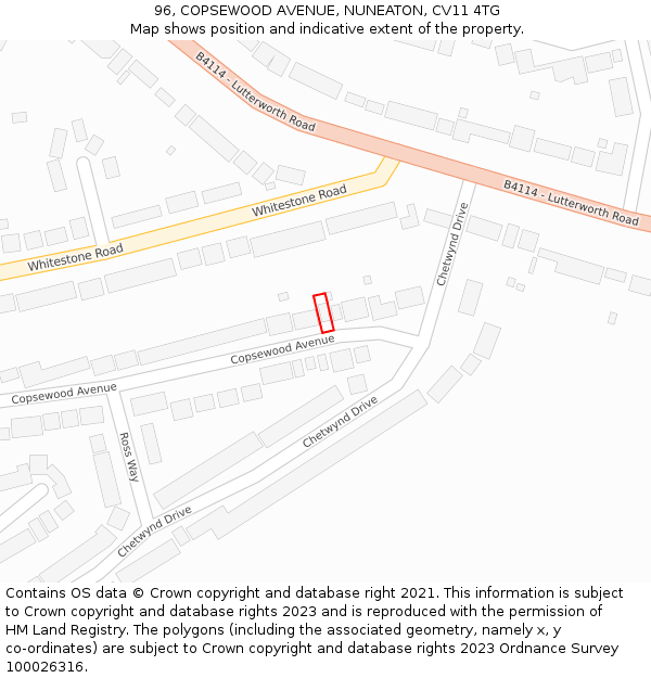 96, COPSEWOOD AVENUE, NUNEATON, CV11 4TG: Location map and indicative extent of plot