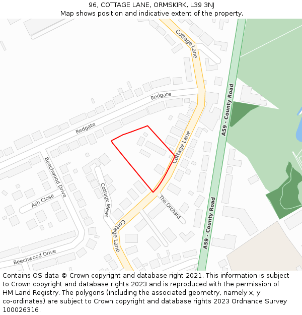 96, COTTAGE LANE, ORMSKIRK, L39 3NJ: Location map and indicative extent of plot