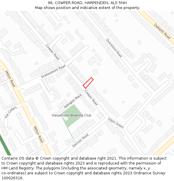 96, COWPER ROAD, HARPENDEN, AL5 5NH: Location map and indicative extent of plot