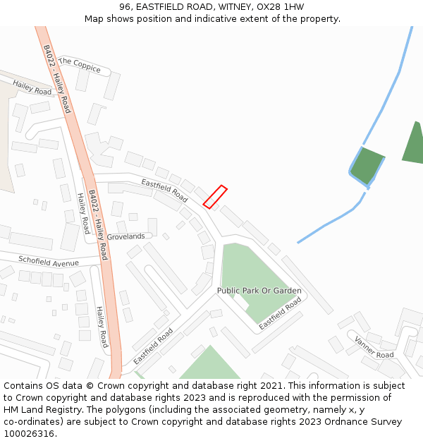 96, EASTFIELD ROAD, WITNEY, OX28 1HW: Location map and indicative extent of plot