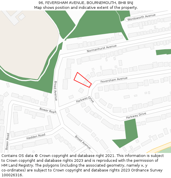 96, FEVERSHAM AVENUE, BOURNEMOUTH, BH8 9NJ: Location map and indicative extent of plot