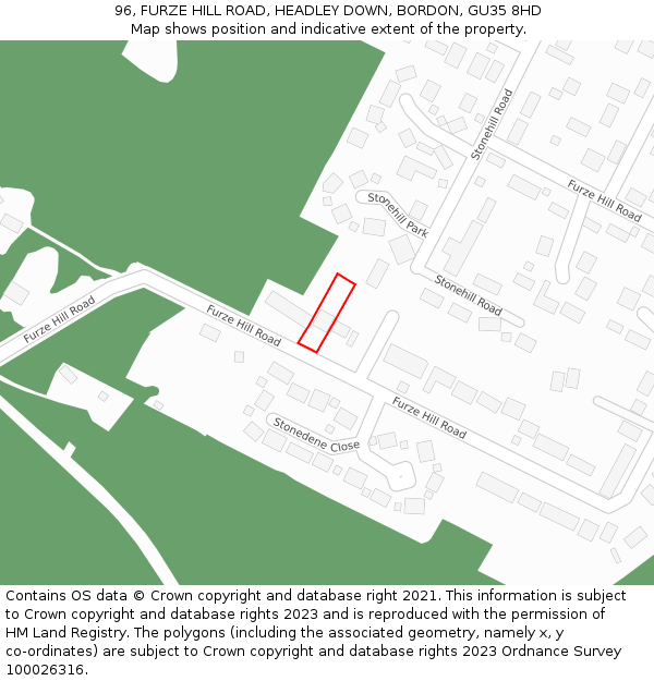 96, FURZE HILL ROAD, HEADLEY DOWN, BORDON, GU35 8HD: Location map and indicative extent of plot