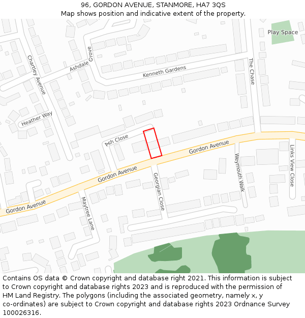96, GORDON AVENUE, STANMORE, HA7 3QS: Location map and indicative extent of plot