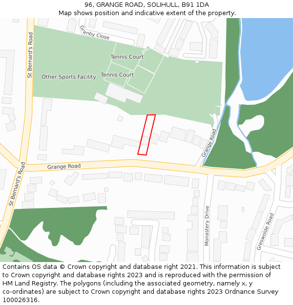 96, GRANGE ROAD, SOLIHULL, B91 1DA: Location map and indicative extent of plot