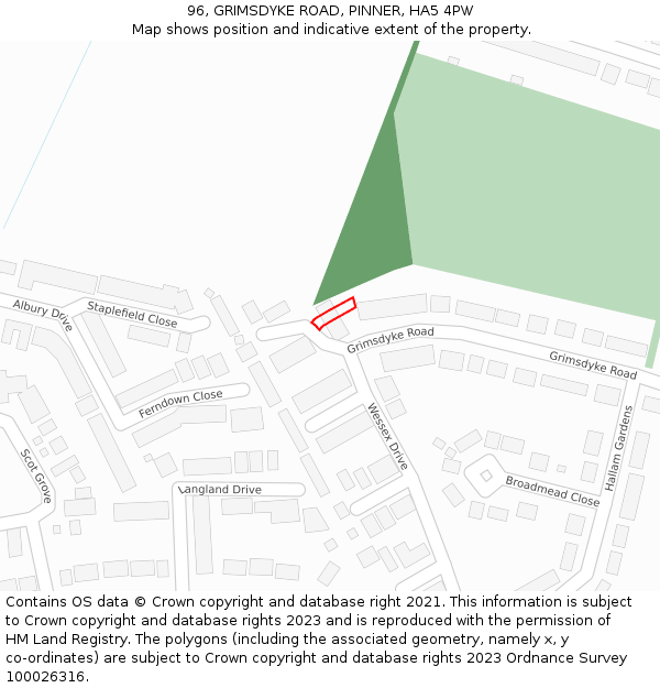 96, GRIMSDYKE ROAD, PINNER, HA5 4PW: Location map and indicative extent of plot