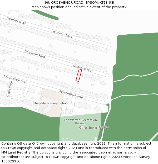 96, GROSVENOR ROAD, EPSOM, KT18 6JB: Location map and indicative extent of plot