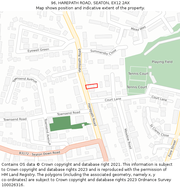 96, HAREPATH ROAD, SEATON, EX12 2AX: Location map and indicative extent of plot