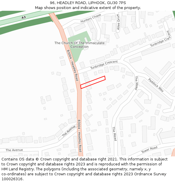 96, HEADLEY ROAD, LIPHOOK, GU30 7PS: Location map and indicative extent of plot