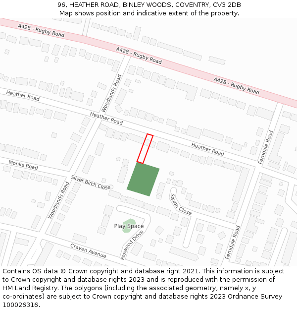 96, HEATHER ROAD, BINLEY WOODS, COVENTRY, CV3 2DB: Location map and indicative extent of plot