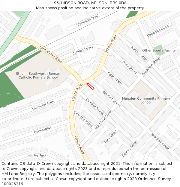 96, HIBSON ROAD, NELSON, BB9 0BA: Location map and indicative extent of plot