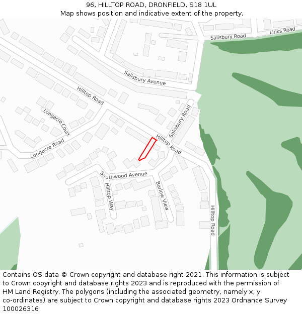 96, HILLTOP ROAD, DRONFIELD, S18 1UL: Location map and indicative extent of plot