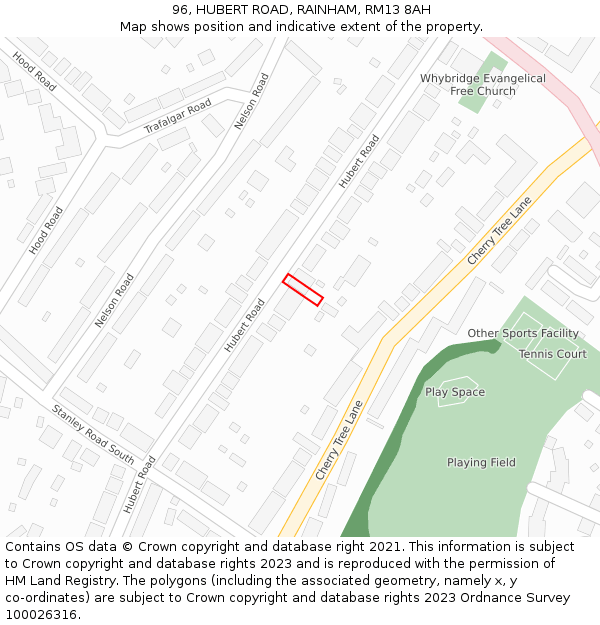 96, HUBERT ROAD, RAINHAM, RM13 8AH: Location map and indicative extent of plot