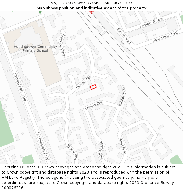 96, HUDSON WAY, GRANTHAM, NG31 7BX: Location map and indicative extent of plot